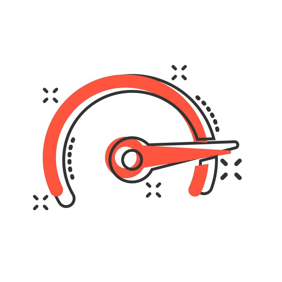 Speedometer level sign icon in comic style. Accelerate vector cartoon illustration on white isolated background. Motion tachometer business concept splash effect.