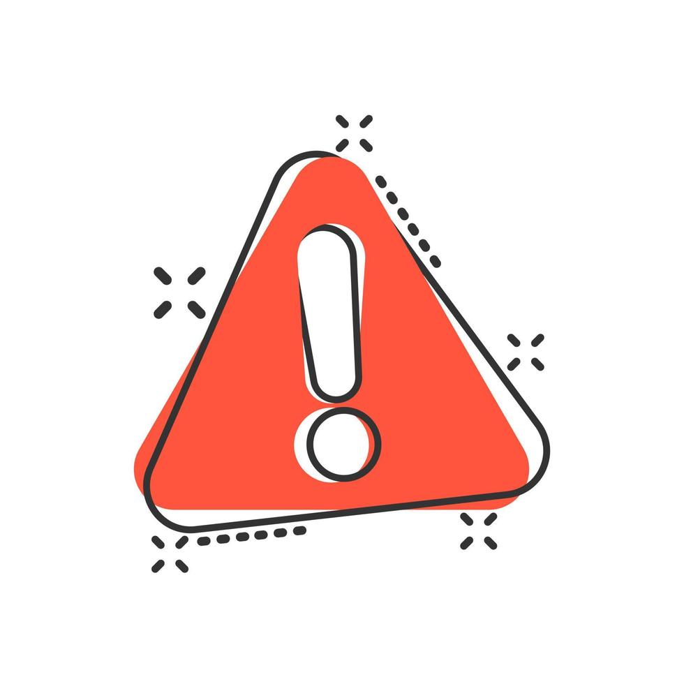 Exclamation mark icon in comic style. Danger alarm vector cartoon illustration on white isolated background. Caution risk business concept splash effect.