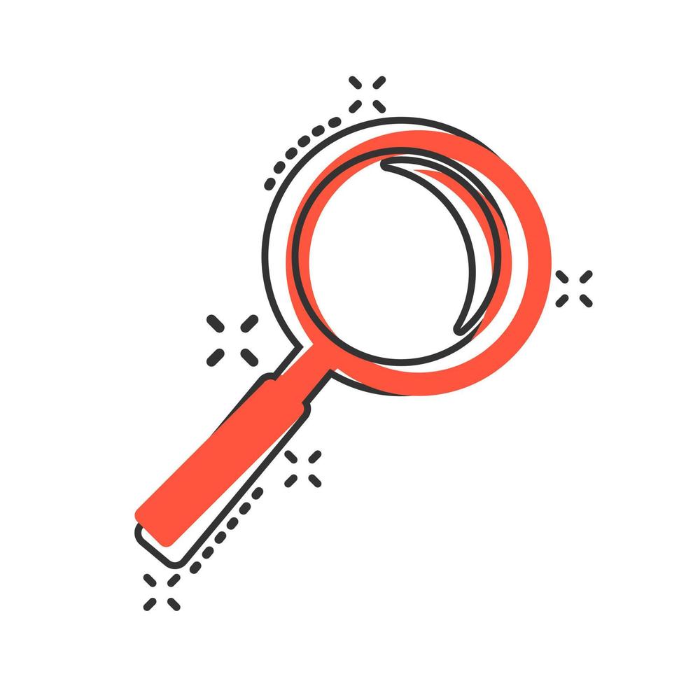 Loupe sign icon in comic style. Magnifier vector cartoon illustration on white isolated background. Search business concept splash effect.