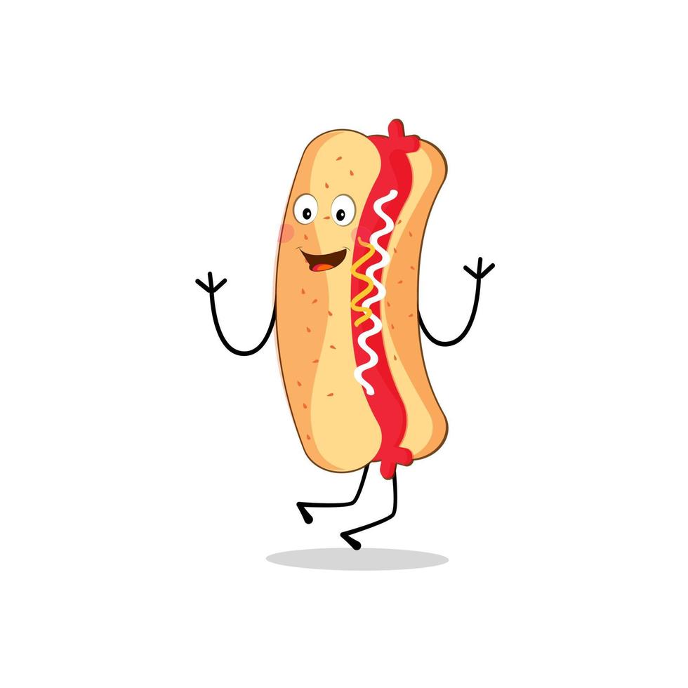 Hot Dog Cartoon mascot character. Food concept. Posters, menus, brochures, web, and icon fast food.  illustration fast food. Funny hot dog, wiener, frankfurter character with eyes, legs. vector