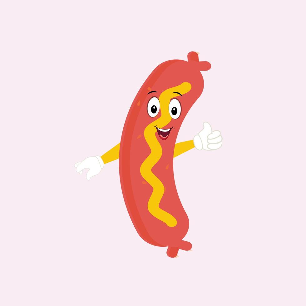 Hot Dog Cartoon mascot character. Food concept. Posters, menus, brochures, web, and icon fast food.  illustration fast food. Funny hot dog, wiener, frankfurter character with eyes, legs. vector