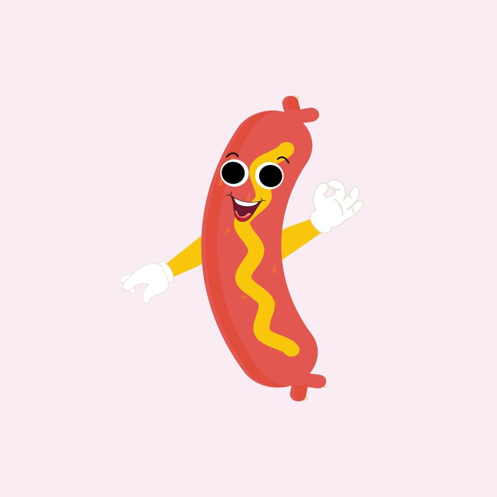 Hot Dog Cartoon mascot character. Food concept. Posters, menus, brochures, web, and icon fast food.  illustration fast food. Funny hot dog, wiener, frankfurter character with eyes, legs. vector