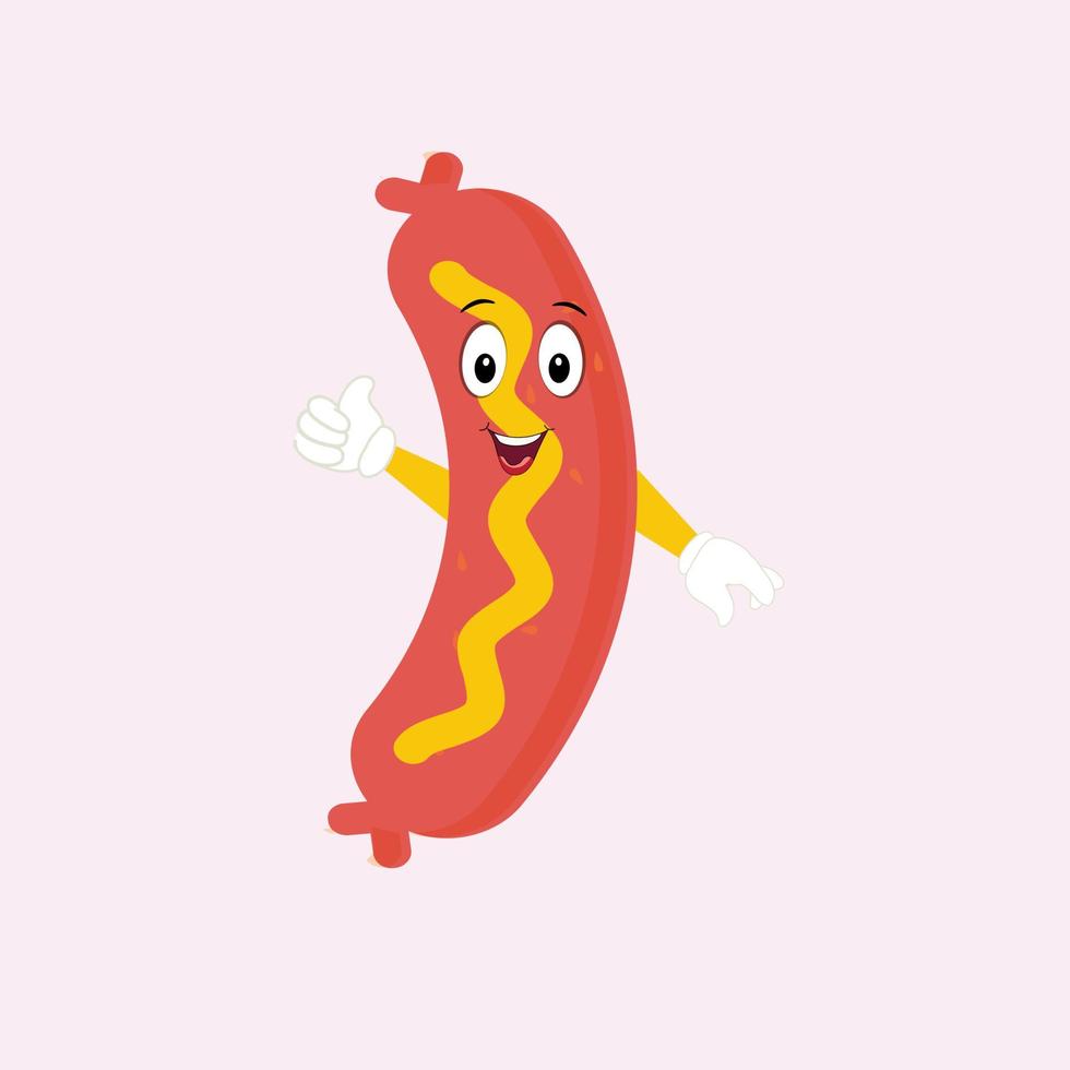 Hot Dog Cartoon mascot character. Food concept. Posters, menus, brochures, web, and icon fast food.  illustration fast food. Funny hot dog, wiener, frankfurter character with eyes, legs. vector