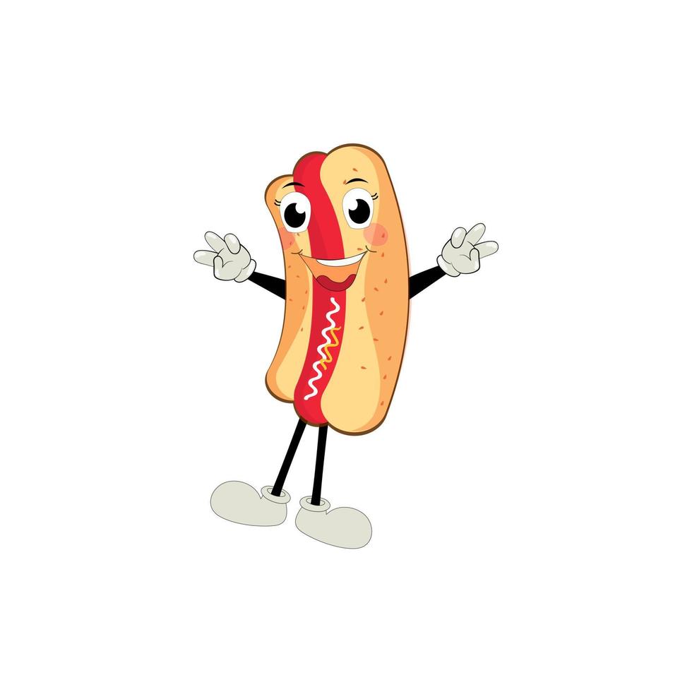 Hot Dog Cartoon mascot character. Food concept. Posters, menus, brochures, web, and icon fast food.  illustration fast food. Funny hot dog, wiener, frankfurter character with eyes, legs. vector