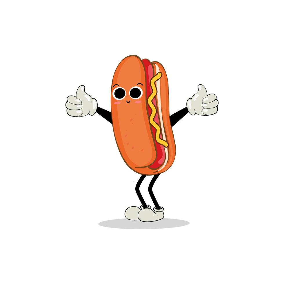 Hot Dog Cartoon mascot character. Food concept. Posters, menus, brochures, web, and icon fast food.  illustration fast food. Funny hot dog, wiener, frankfurter character with eyes, legs. vector