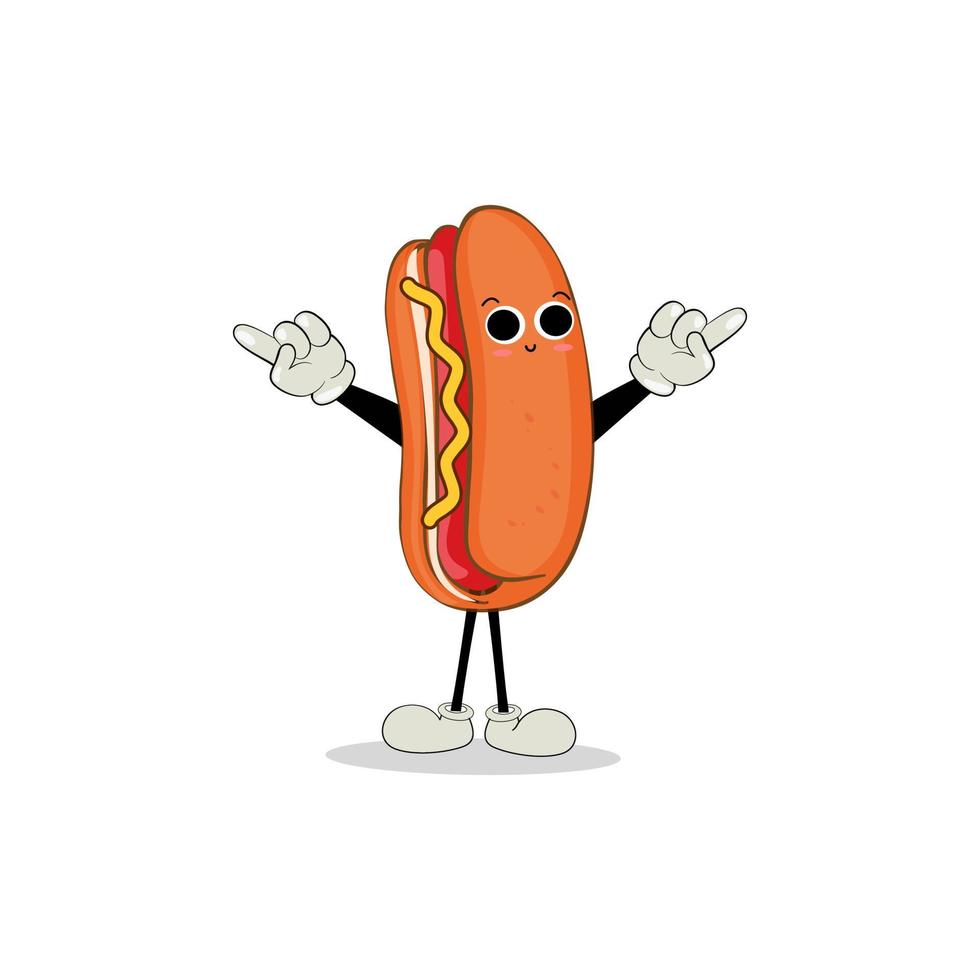 Hot Dog Cartoon mascot character. Food concept. Posters, menus, brochures, web, and icon fast food.  illustration fast food. Funny hot dog, wiener, frankfurter character with eyes, legs. vector
