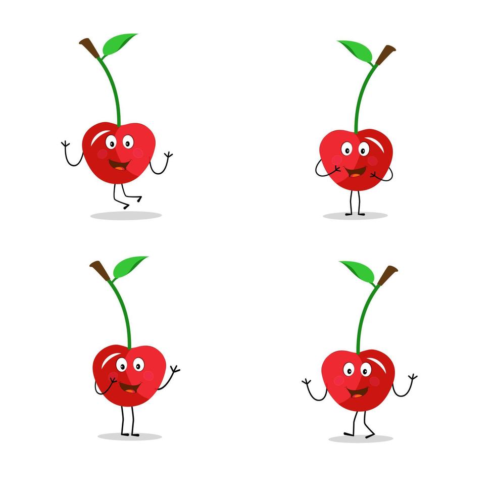 Cherry cartoon vector illustration. Cute Cherry character,  icon vector illustration. Character is cheerful with arms and legs. Set of fruits emoticon