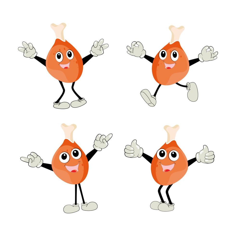 Fried chicken leg cartoon character. Roast chicken leg mascot. Vector illustration of a fried chicken icon. Whole roast chicken. Leg poultry vector emoticon.