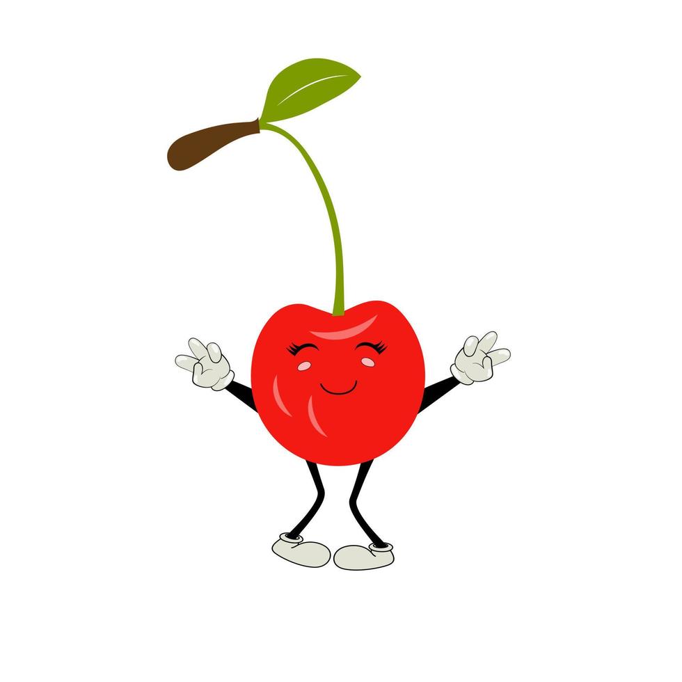 Cherry cartoon vector illustration. Cute Cherry character,  icon vector illustration. Character is cheerful with arms and legs. Set of fruits emoticon