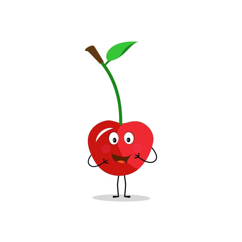 Cherry cartoon vector illustration. Cute Cherry character,  icon vector illustration. Character is cheerful with arms and legs. Set of fruits emoticon