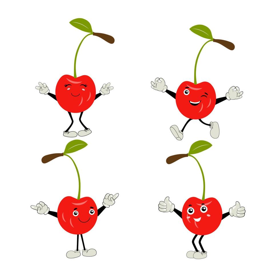 Cherry cartoon vector illustration. Cute Cherry character,  icon vector illustration. Character is cheerful with arms and legs. Set of fruits emoticon