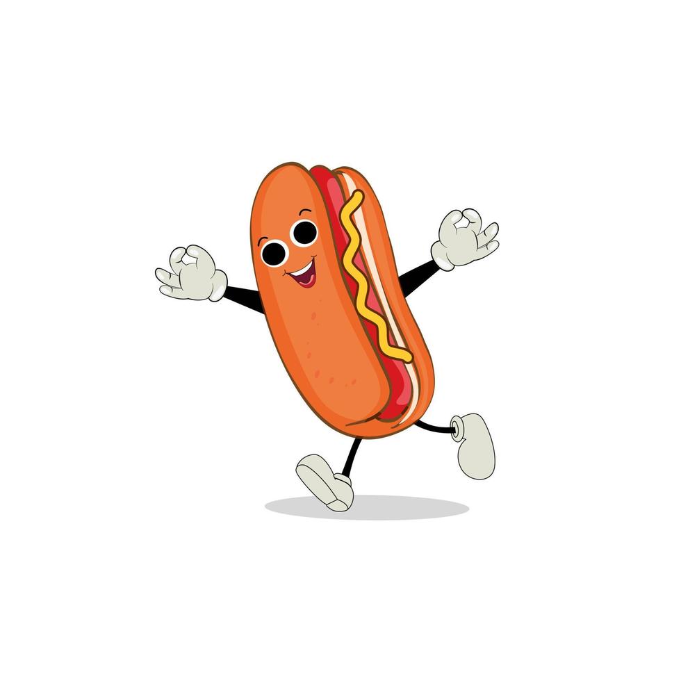 Hot Dog Cartoon mascot character. Food concept. Posters, menus, brochures, web, and icon fast food.  illustration fast food. Funny hot dog, wiener, frankfurter character with eyes, legs. vector