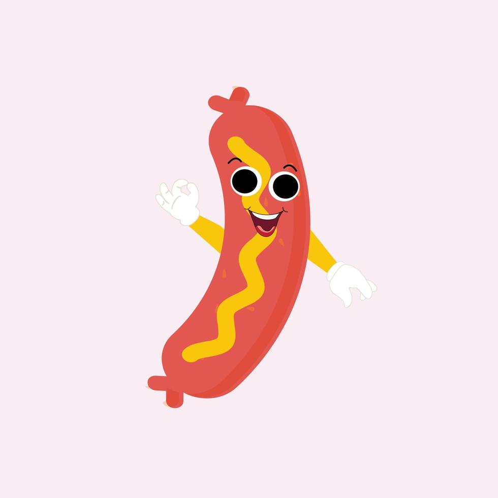 Hot Dog Cartoon mascot character. Food concept. Posters, menus, brochures, web, and icon fast food.  illustration fast food. Funny hot dog, wiener, frankfurter character with eyes, legs. vector