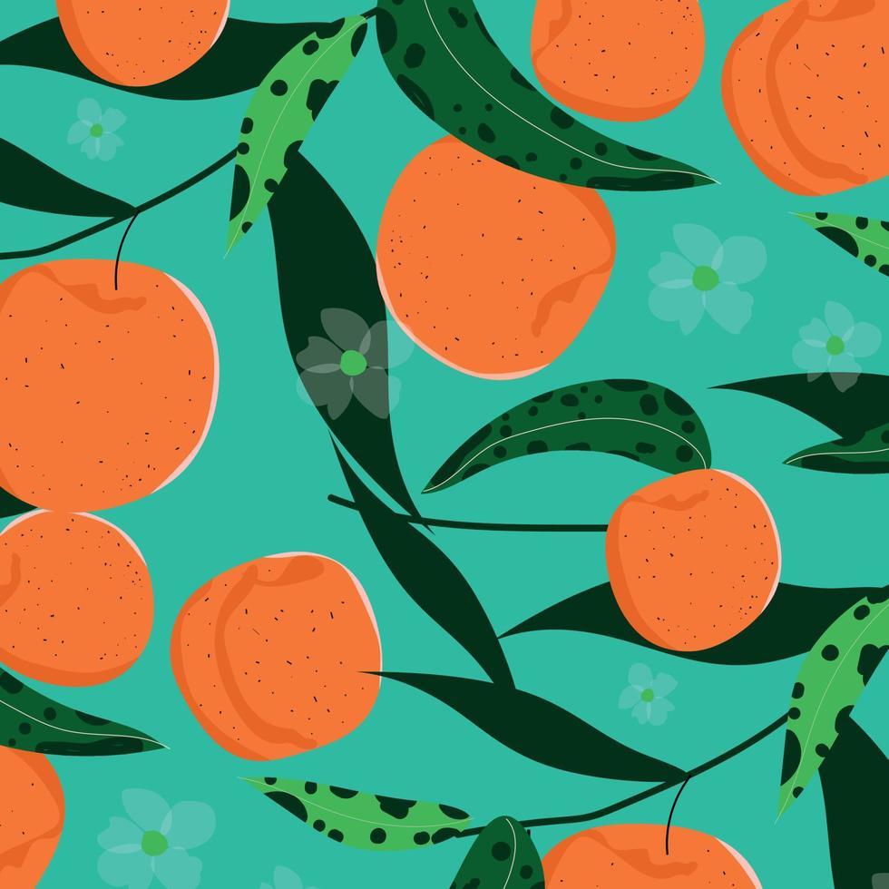Tropical seamless pattern with apricots on a green background. Fruit repeat background. bright print for fabric or wallpaper. vector
