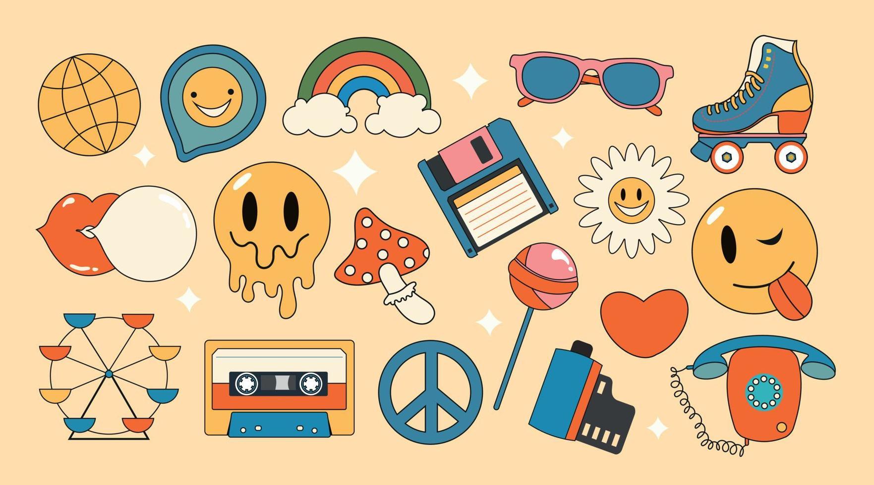 Groovy set hippie 70s. Cartoon flower rainbow peace Love heart daisy mushroom etc. Sticker pack in trendy retro style. vector