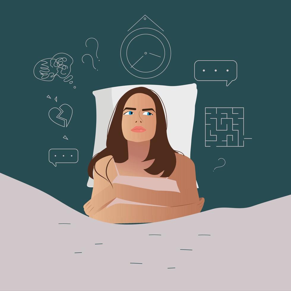 un joven mujer sufre desde insomnio. mental problemas, trabajo excesivo, estrés. vector ilustración