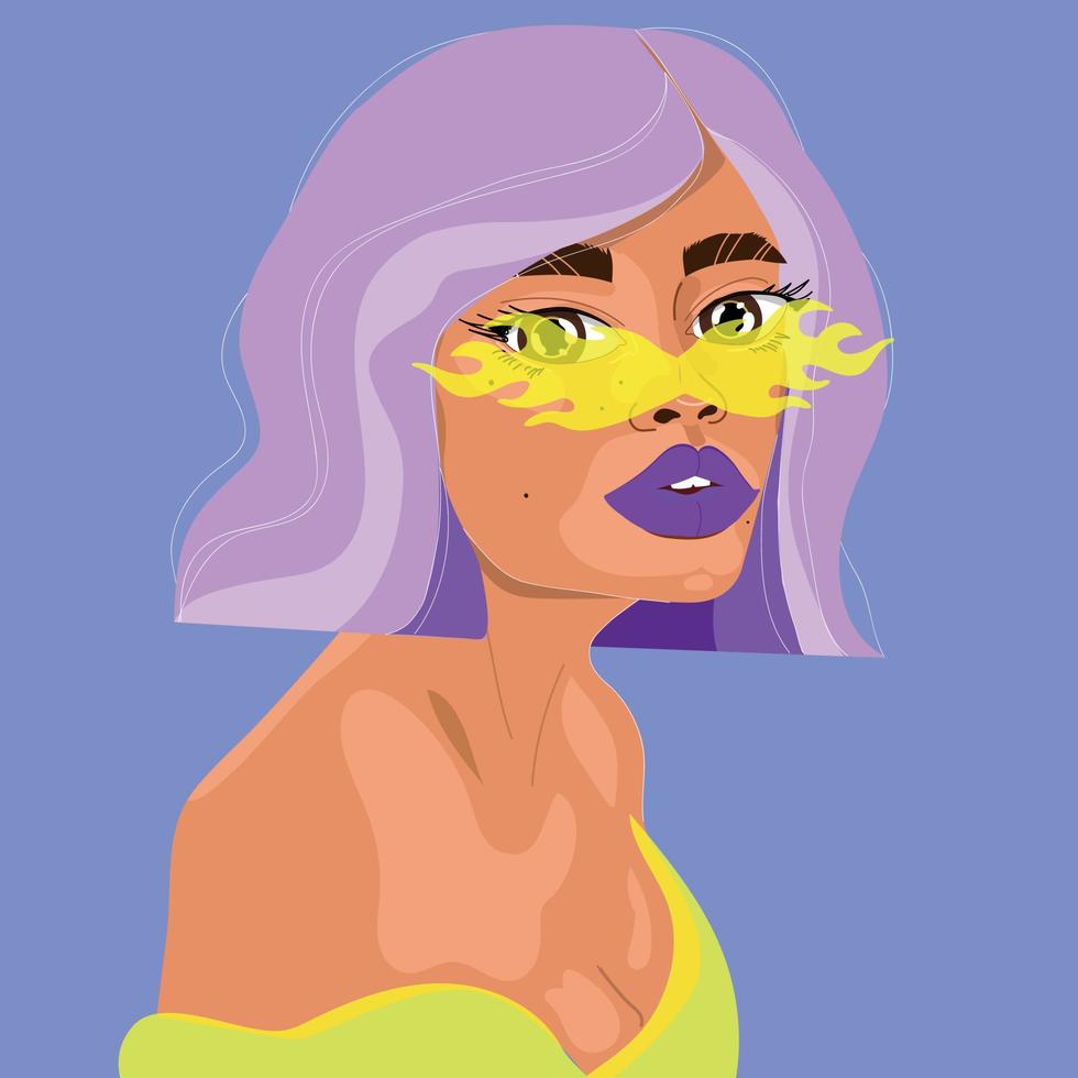 Vector portrait of a young beautiful woman in modern yellow sunglasses with purple hair. Vector illustration