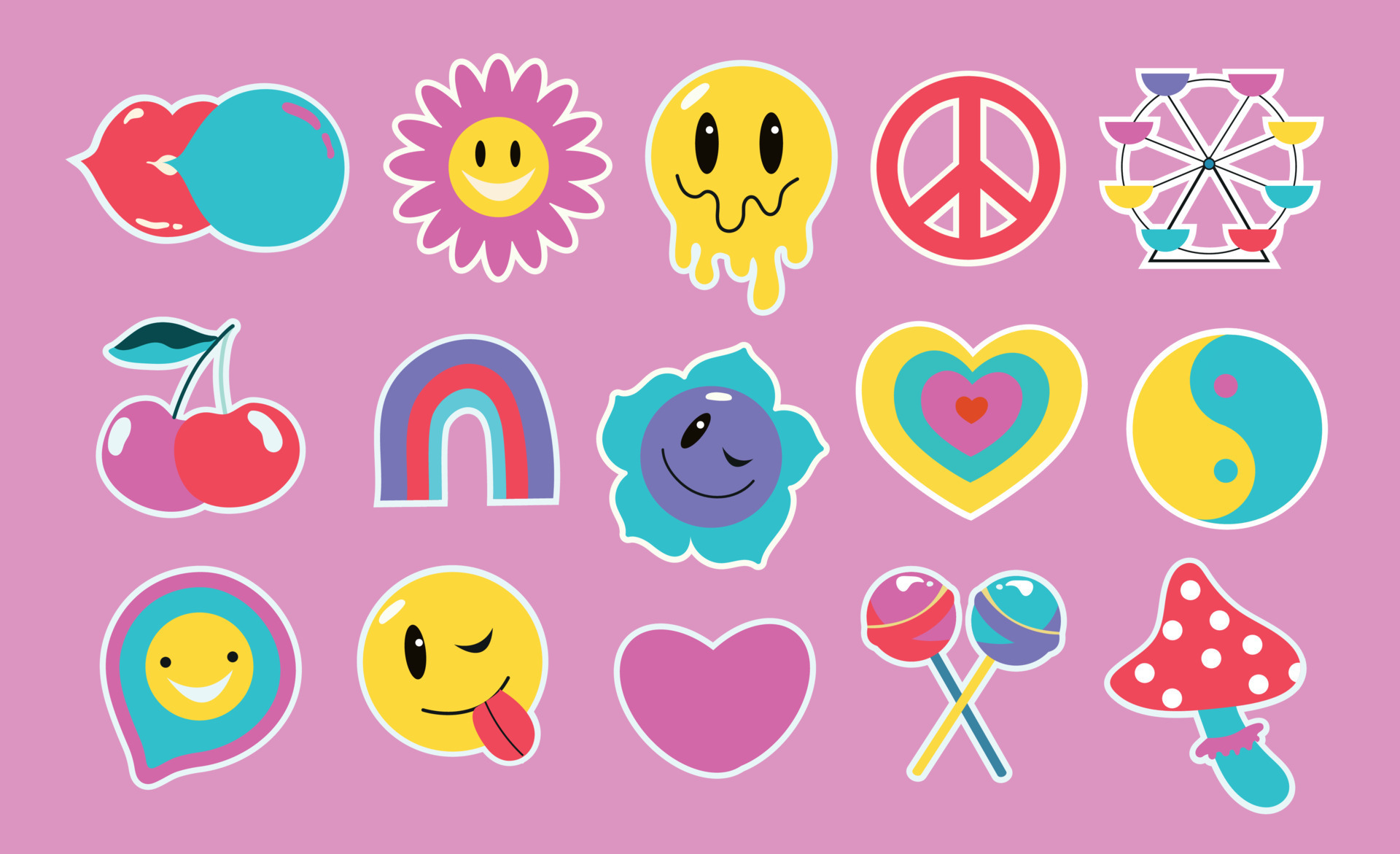 Set of Y2K aesthetic stickers and labels, vector illustrations