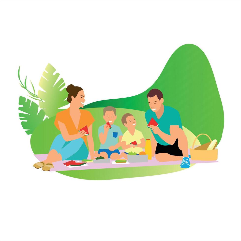 contento caucásico familia en picnic plano color detallado caracteres. padres con niño sentado en frazada. verano recreación aislado dibujos animados ilustración para web gráfico diseño y animación vector