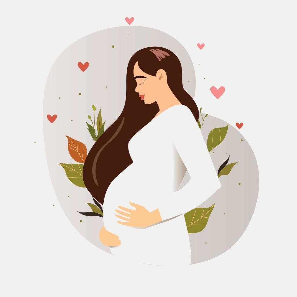 mujer embarazada, futura mamá, parada en la naturaleza y abrazando el vientre con los brazos. ilustración vectorial plana. vector