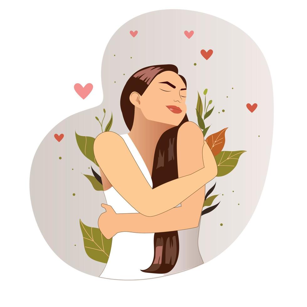 Self-Love care, be good to yourself illustration with a woman hugging herself. Women's physical, psychological, mental and spiritual health graphic collection. vector