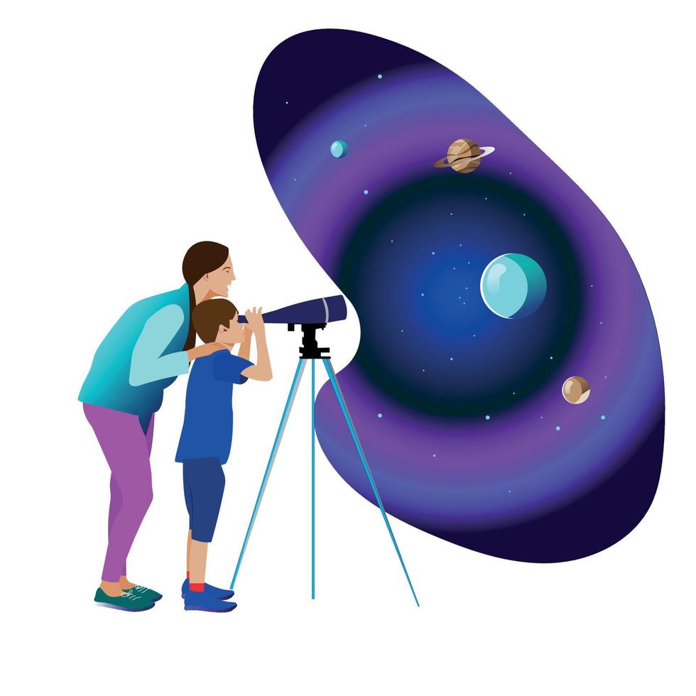 Exploring with kids flat color vector character. Showing your children interesting things in outer space. Exploring stars isolated cartoon illustration for web graphic design and animation