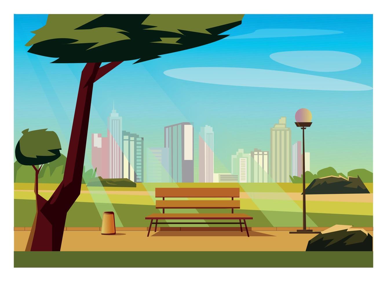 City park flat color vector illustration. Green space to residents. Sustainable neighborhood. Public place for relaxation and jogging 2D simple cartoon landscape with city on background