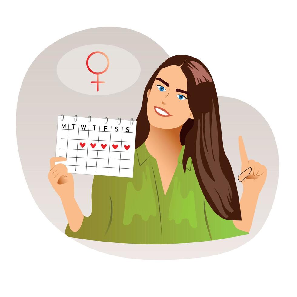 Flat young woman mark date of menstrual periods in calendar. Menstruation cycle control or pregnancy planning. Pms tracker or ovulation day. Concept of women health, prediction of fertile days. vector