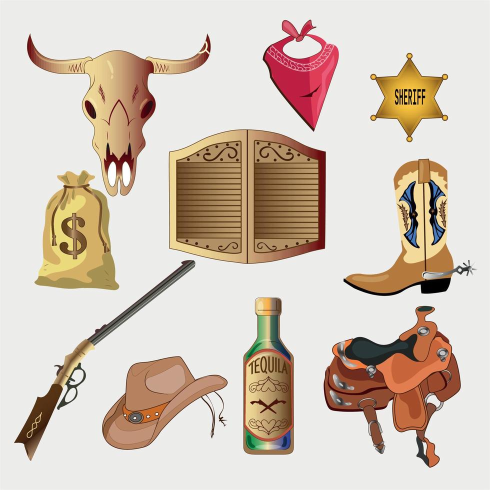 Colored illustrations of wild west symbols. Western vintage pictures isolated. Vector wild west .