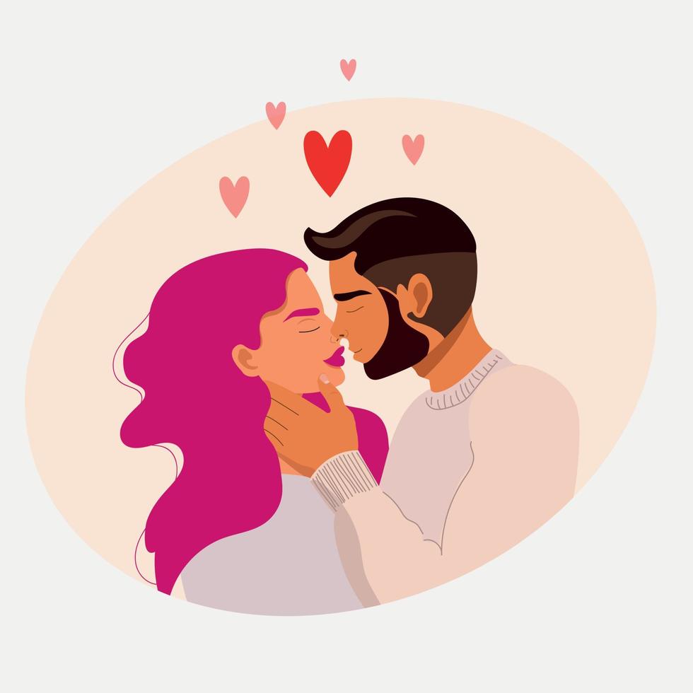 Love between a man and a woman. Relations. World Kiss Day. Valentine's Day. Beautiful couple is kissing. Abstract illustration of love. Magical feelings. For print, poster, postcard. Gift for a loved vector