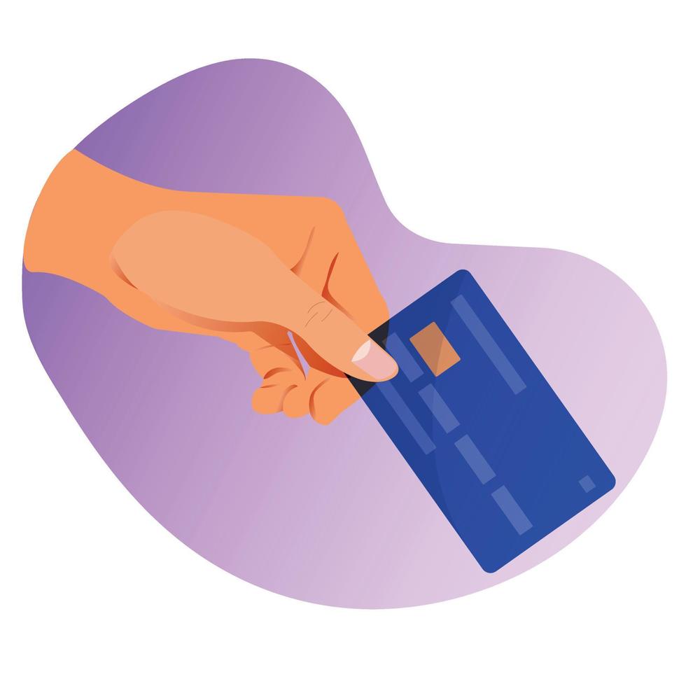 Taking blue credit card 2D vector isolated illustration. E commerce transaction. Pay wireless. Holding plastic card flat first view hand on cartoon background. Cashless payment colourful scene