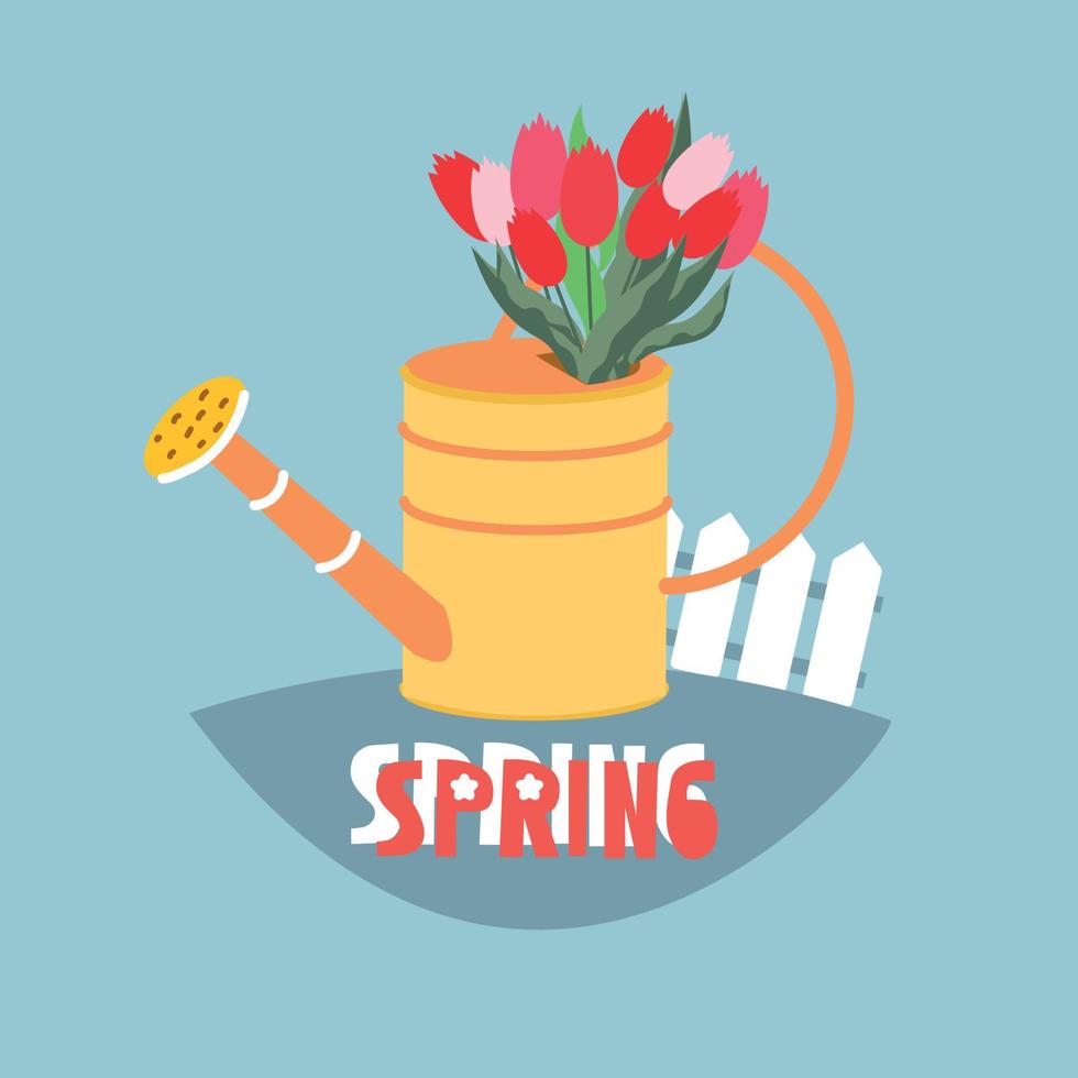 Greeting card template with spring mood. Spring season invitation. Minimalist postcard with tulips, watering can. vector