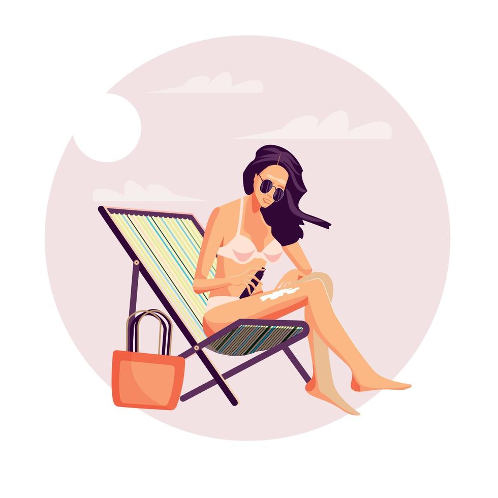 Girl applying sunscreen lotion on arms 2D isolated illustration. Skincare routine. Young woman flat character on cartoon background. Spending time at beach colourful scene vector