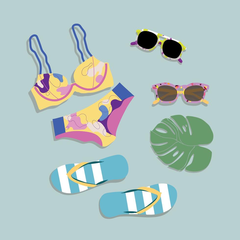 Summer items. Women's beach items. Swimsuit, sunglasses, flip flops, Cartoon style. For registration of postcards, for registration of booklets of travel agencies. vector