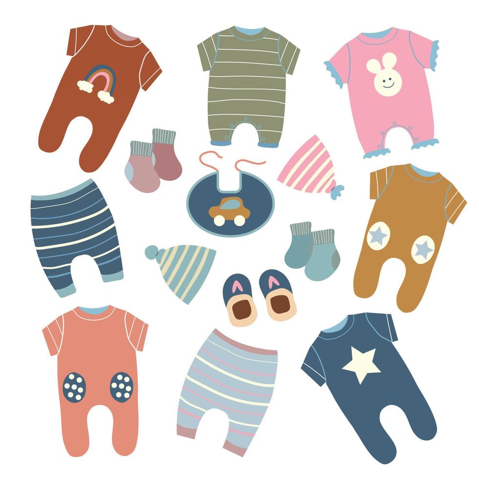 Set of vector illustrations of children's clothes. Little girl and boy dress up cartoon elements. Bodysuit, overalls, hats, socks. Vector collection of baby clothes.