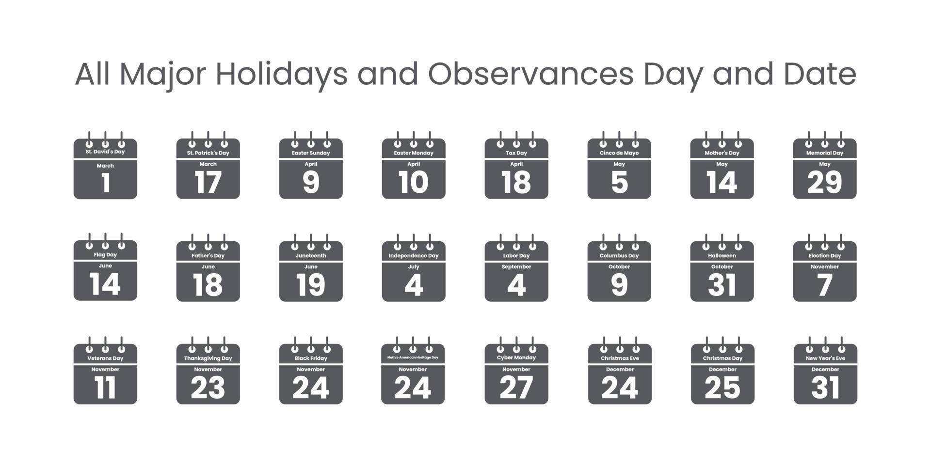 All major holidays date and day calendar icons vector