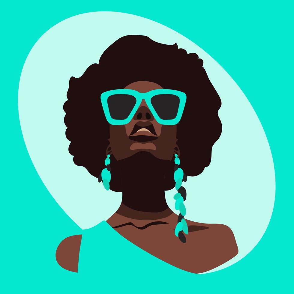 un moderno africano mujer en retro azul lentes y joyas. un pelo rizado afroamericano mujer mira a usted con lentes en un azul antecedentes. vector ilustración de un hermosa fuerte mujer. playa