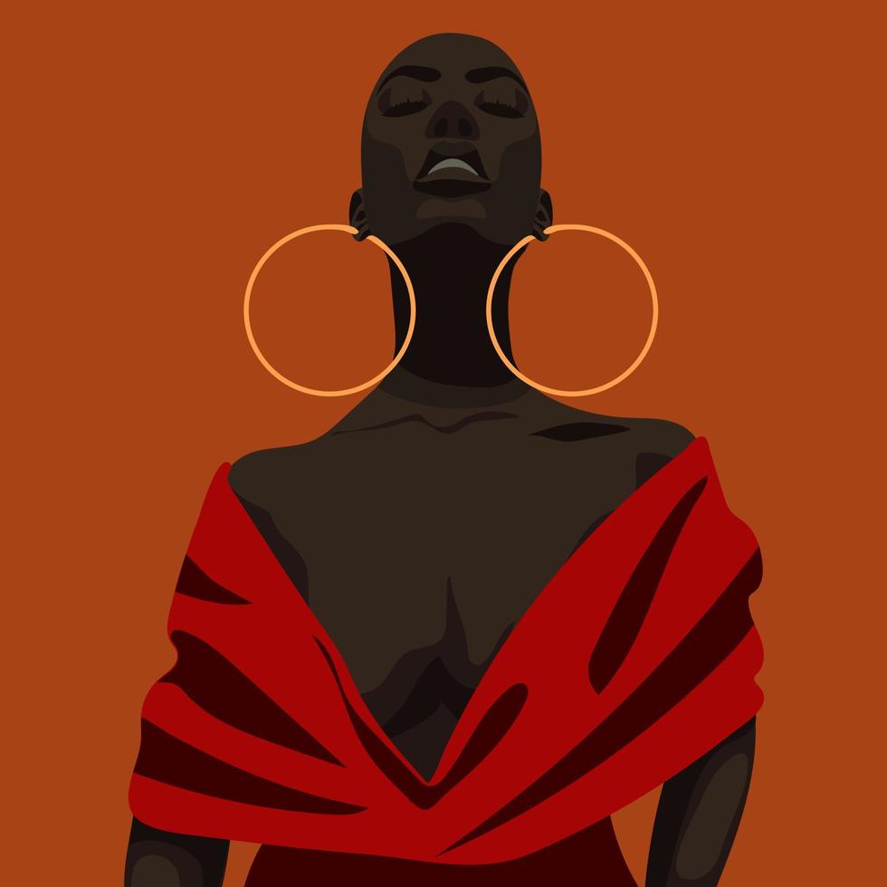 Portrait of a beautiful African woman in modern clothes and jewelry. A woman looks at you in modern open clothes of red color on an orange background. Beautiful female figure. Vector illustration.