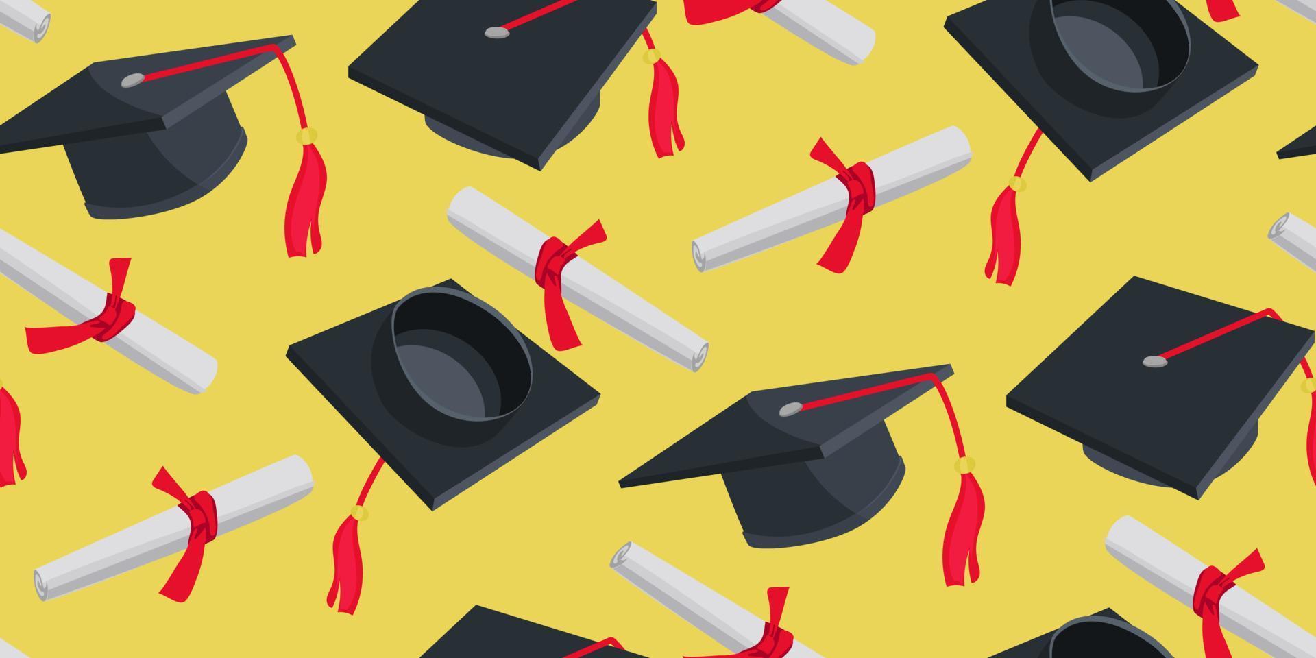 un patrón de sombreros de graduación y diplomas para graduarse de la escuela secundaria o la universidad. clase 2023 en colores negro y rojo. Felicitaciones a los graduados de la postal de fondo de 2023. embalaje vector