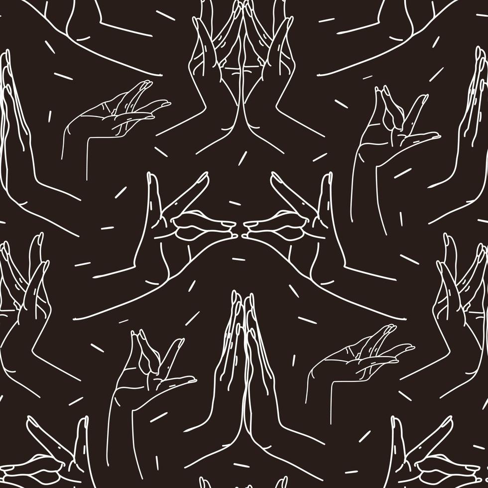 The pattern is different traditional hand signs of a dancing woman. Indian classical dance Bharatanatyam mudra. Alapadma hasta. Beautiful set of hands in Indian dance. Linear vector background Black