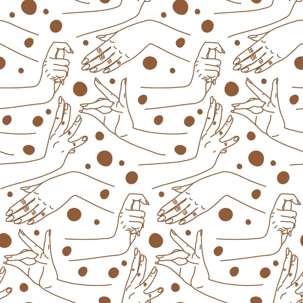 The pattern is different traditional hand signs of a dancing woman. Indian classical dance Bharatanatyam mudra. Alapadma hasta. Beautiful hands in Indian dance. brown on a white background with dots. vector