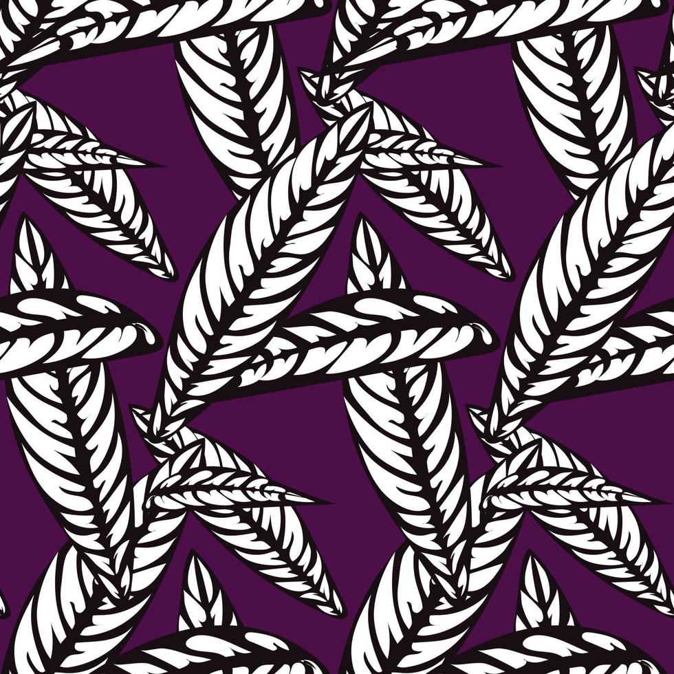 Wallpaper with tropical leaves, luxurious nature leaves, black and purple kalatea leaf line design, hand-drawn contour fabric design, print, cover, banner and invitation, vector illustration.
