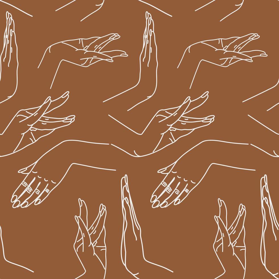 The pattern is different traditional hand signs of a dancing woman. Indian classical dance Bharatanatyam mudra. Alapadma hasta. Beautiful set of hands in Indian dance. Linear vector illustration