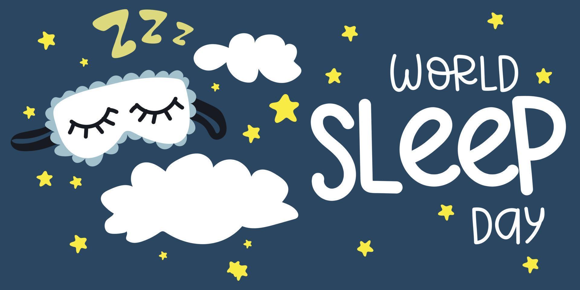 Illustration of the vector design of the World Sleep Day. A blindfold for sleeping sleeps in the clouds against the sky with the inscription. Children's illustration. Printing on paper and textiles.