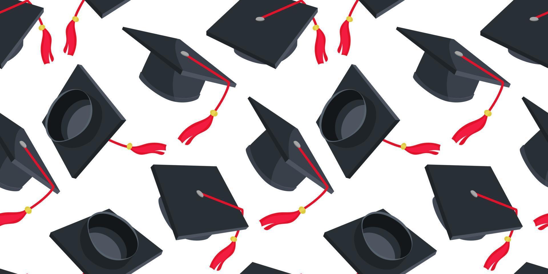 The pattern of academic hats in different angles. High school or college graduation. Class 2023 in black and red. Congratulations to the graduates of 2023 with a background postcard. Packaging vector