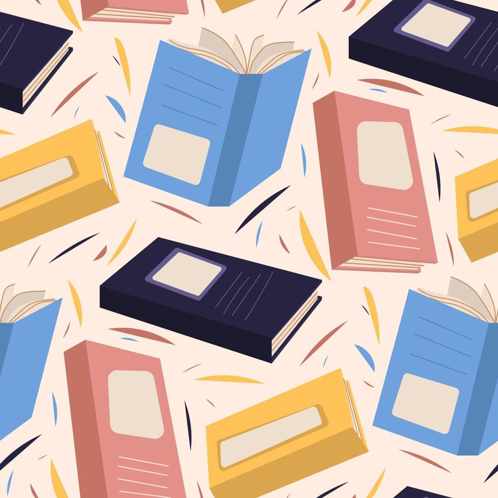 un patrón de libros de colores. feria del libro, embalaje con libros, cubiertas brillantes. fondo para embalaje. Felicitaciones a los graduados de la postal de fondo de 2023. una biblioteca de libros. vector