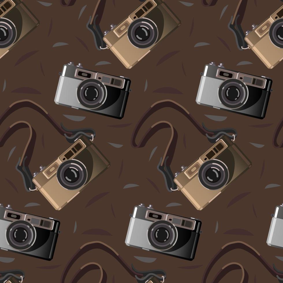 A pattern with a retro camera on a brown background. Brown and gray camera in the replay. Background for printing on textiles and paper. A repeating drawing in a retro theme with a photo camera vector