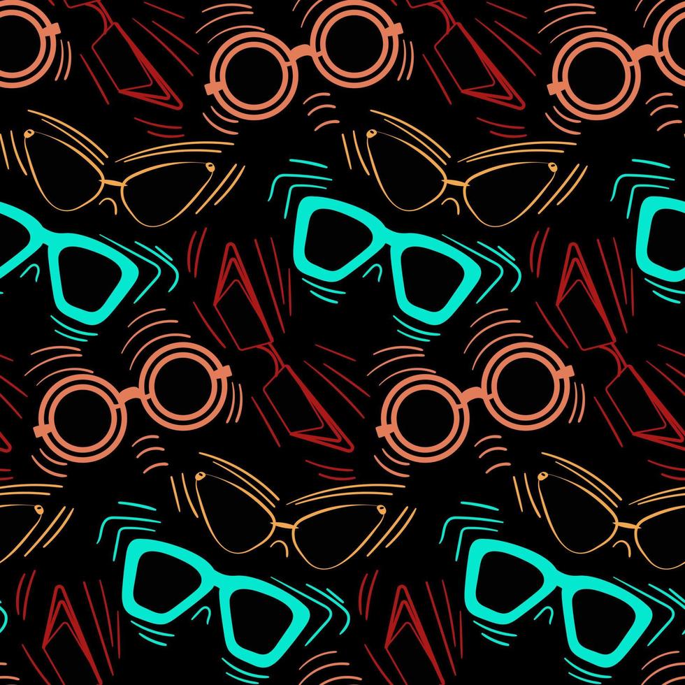 A pattern of vector colorful glasses on a dark background. Seamless background with decor. Modern, stylish, fashionable glasses with decor. Printing on textiles and paper.