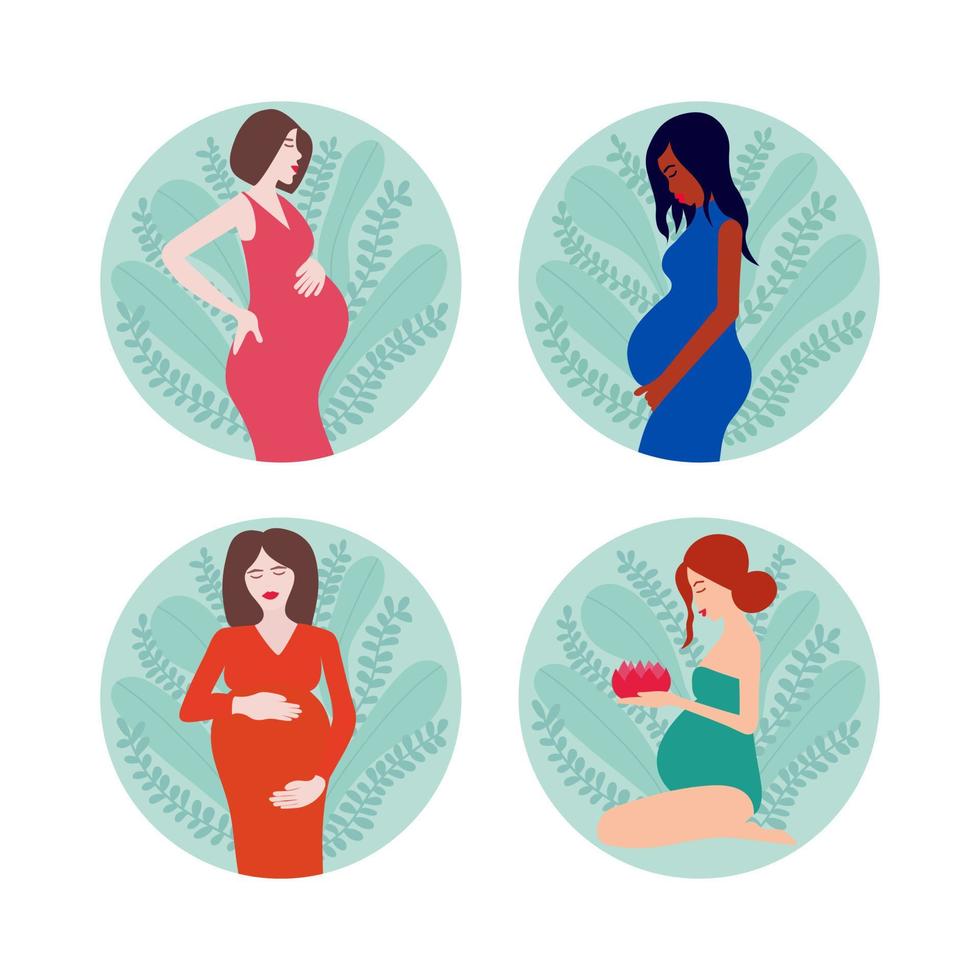 Vector pregnancy icon set. Different kinds of women holding their belly. Green leaves backgrounds. Pregnant woman holds her belly. Motherhood concept.
