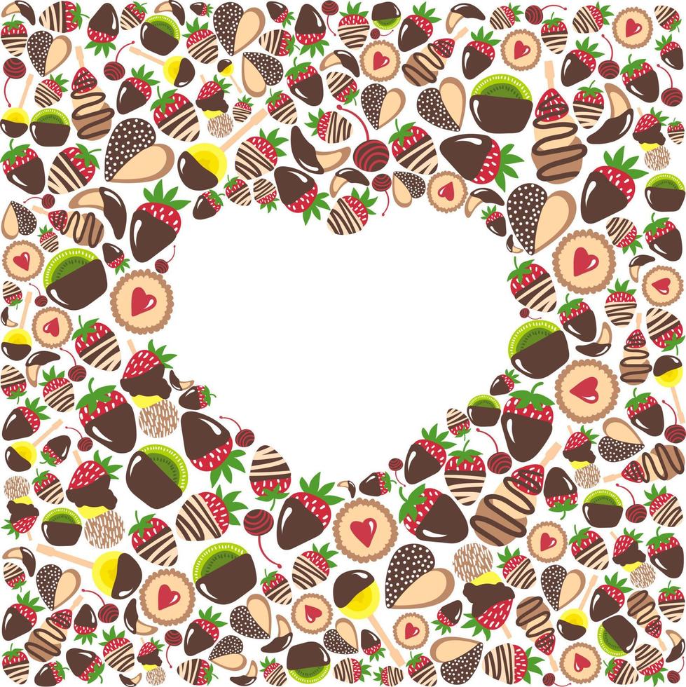 marco de conjunto de dulces vectoriales. dulces con frutas y chocolates, galletas, fresa, kiwi, cereza, postre yami. diseño para tarjetas de felicitación, tarjetas de amor, menú, decoración del día de san valentín, invitaciones, fiesta. vector